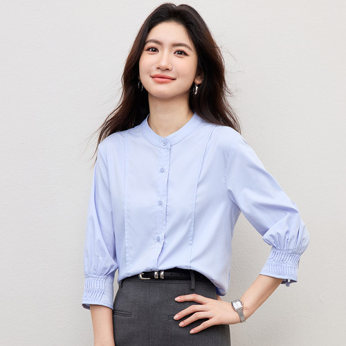 法式立领蓝色衬衫女夏季2026年新款风琴褶七分袖衬衣职业通勤上衣