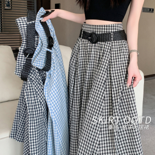高腰显瘦A字大摆中长款 子半身裙女2026新款 格纹裙 日系风格 春夏款