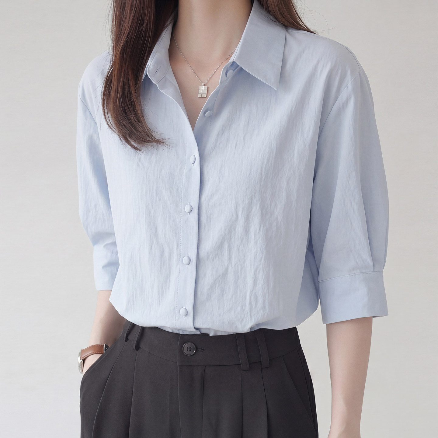 法式翻领泡泡短袖蓝色衬衫女夏季宽松休闲气质五分袖衬衣通勤上衣