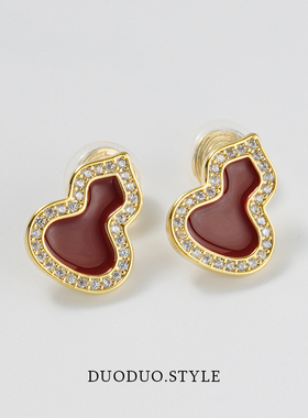 复古红色葫芦耳环女2025新款气质无耳洞蚊香盘耳夹个性高级感耳饰