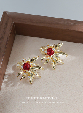 高级感轻奢夸张欧美跨境红色锆石花朵耳环女无耳洞蚊香盘耳夹耳饰