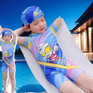 女童奥特曼泳衣连体夏季儿童泳衣中小童男孩泳衣卡通男童泳装帽子