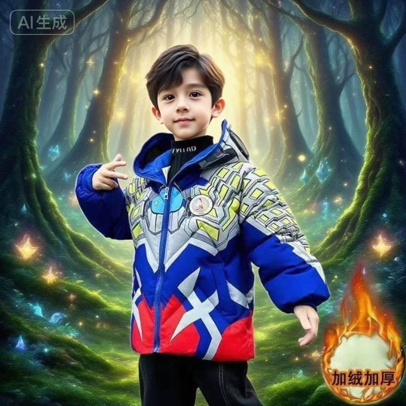 卡通奥特曼羽绒棉衣男童赛罗欧布亮灯派克加厚棉袄冬季儿童冲锋衣