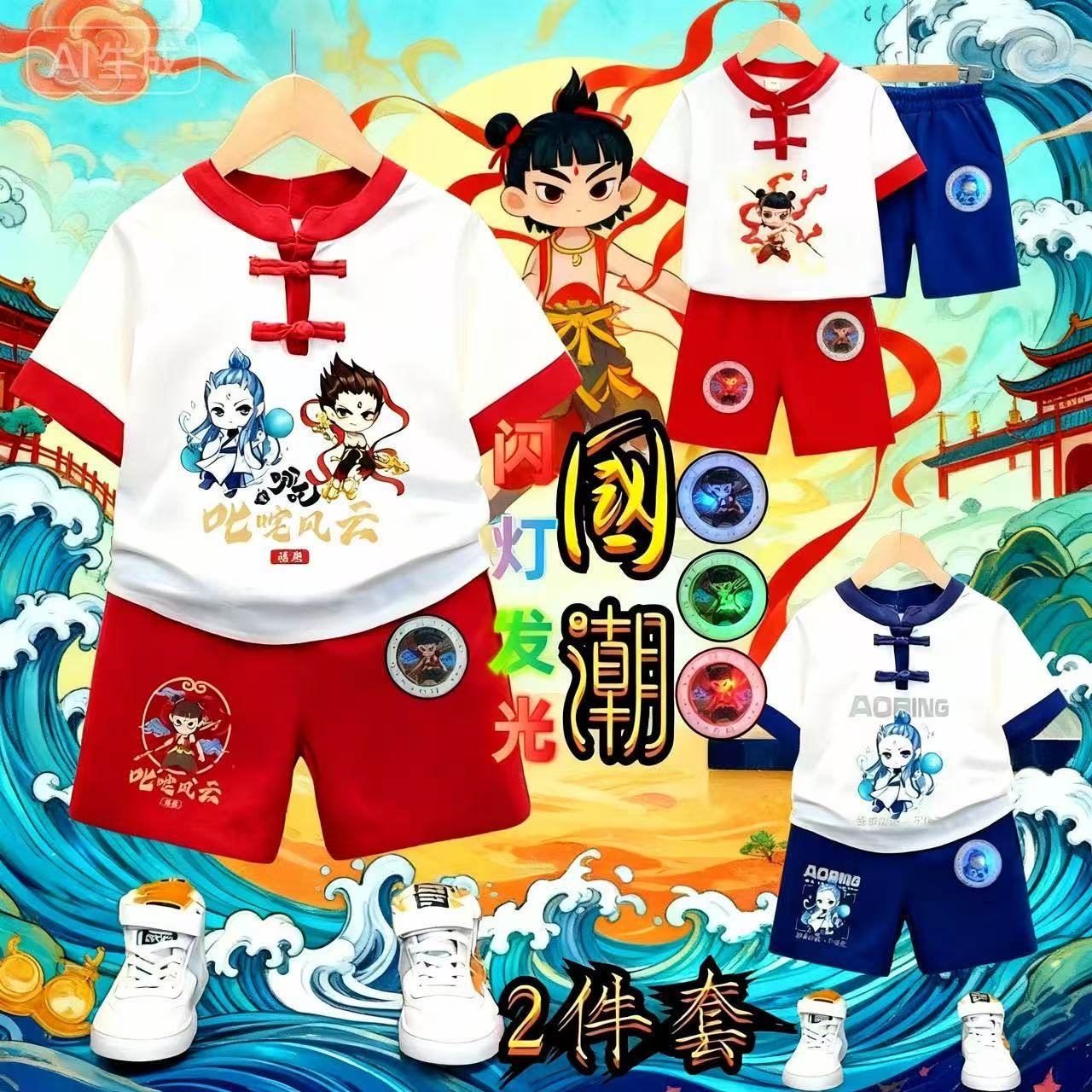 国风哪吒短袖套装儿童唐装带灯短袖汉服夏季新中式国潮哪吒两件套,童装/婴儿装/亲子装,唐装,淘宝优惠券,粉丝福利购,淘宝优惠卷
