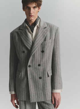 SageSalt 早秋限定系列 浅灰色羊毛混纺戗驳领条纹男女西装6028GS