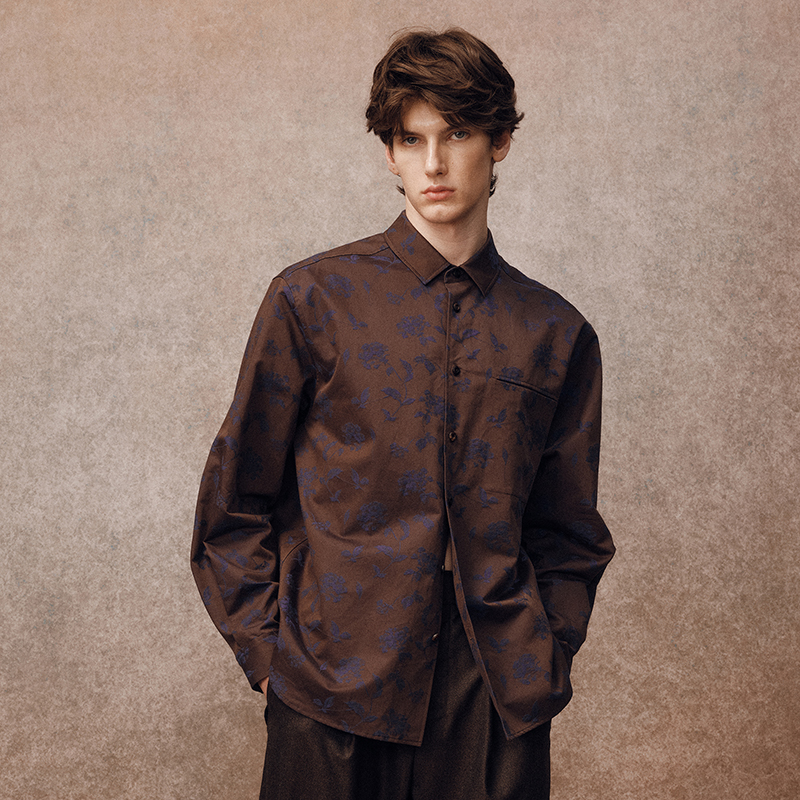 「秋冬新品」SageSalt 棕紫色棉与亚麻提花长袖衬衫 1049BR