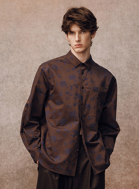 「秋冬新品」SageSalt 棕紫色棉与亚麻提花长袖衬衫 1049BR