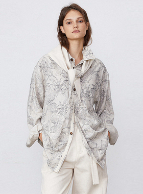 SSalt秋冬亚麻混纺印花长袖衬衫花卉钢笔线描哑光牛角扣1008FL