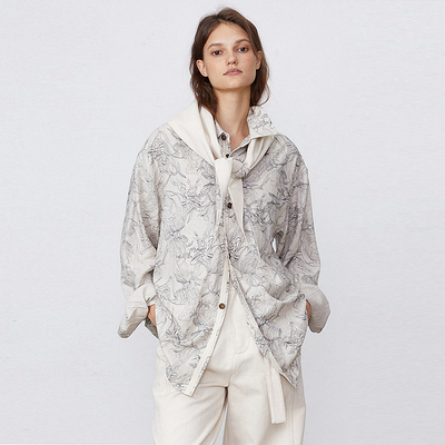 ssalt长袖亚麻混纺印花长袖