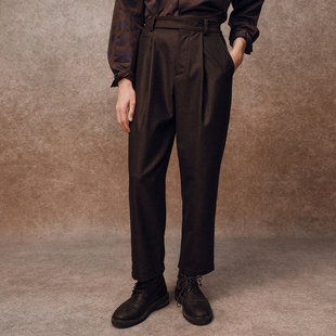 「秋冬新品」SageSalt 深褐色纯羊毛单褶九分裤 松紧腰头 3020BR