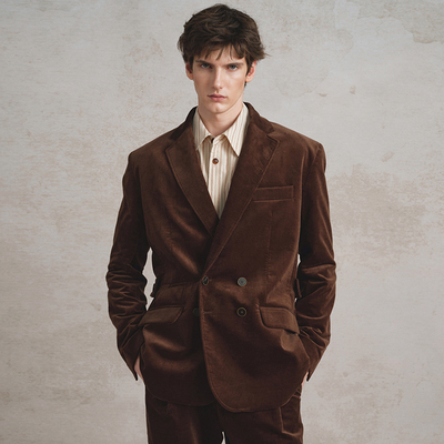 SageSalt 棕色灯芯绒 双排扣平驳领西装 6009CH