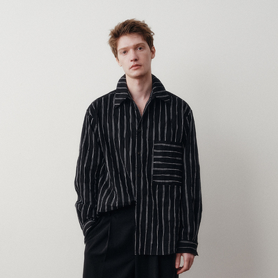 「春夏新品」SageSalt 褶皱黑色白底条纹棉混纺衬衫 1053BK