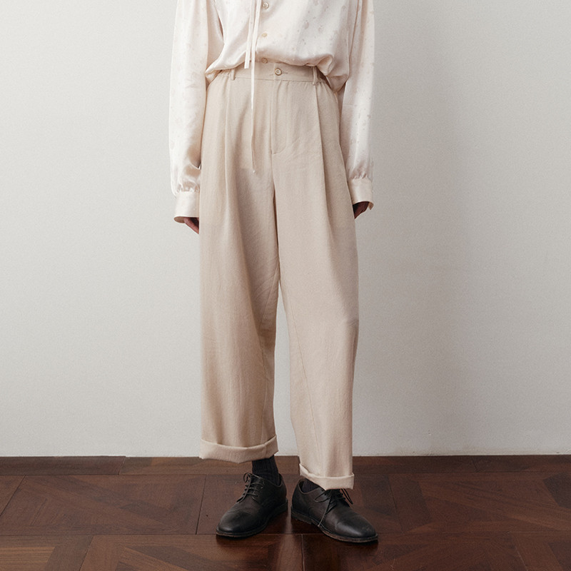 「春夏新品」SageSalt 斜纹羊毛混纺燕麦色宽松九分裤 3043BE