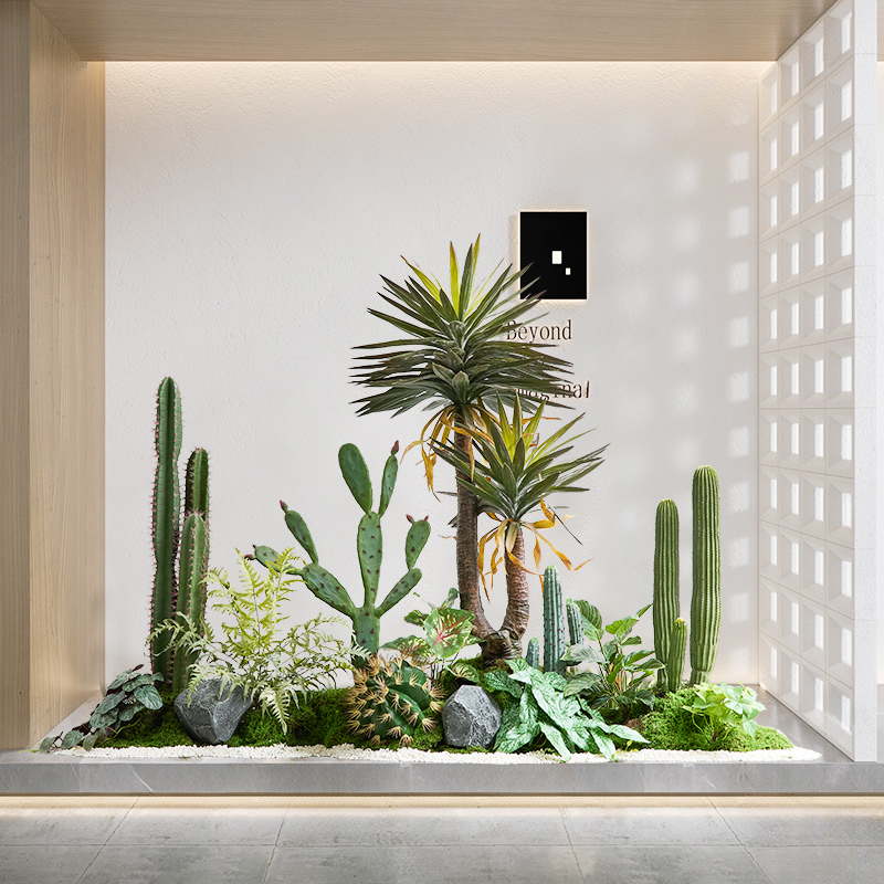 彷真绿色植物室内景观植物楼梯下造景彷生仙人掌摆件转角盆栽橱窗