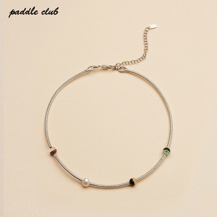 paddle club 拼接石珠银圈环形项链