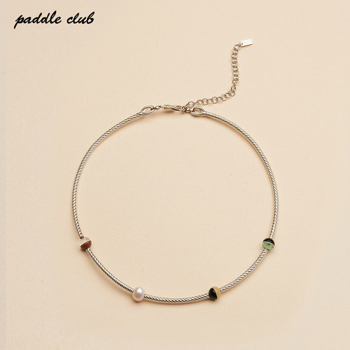 paddleclub拼接石珠银圈项链