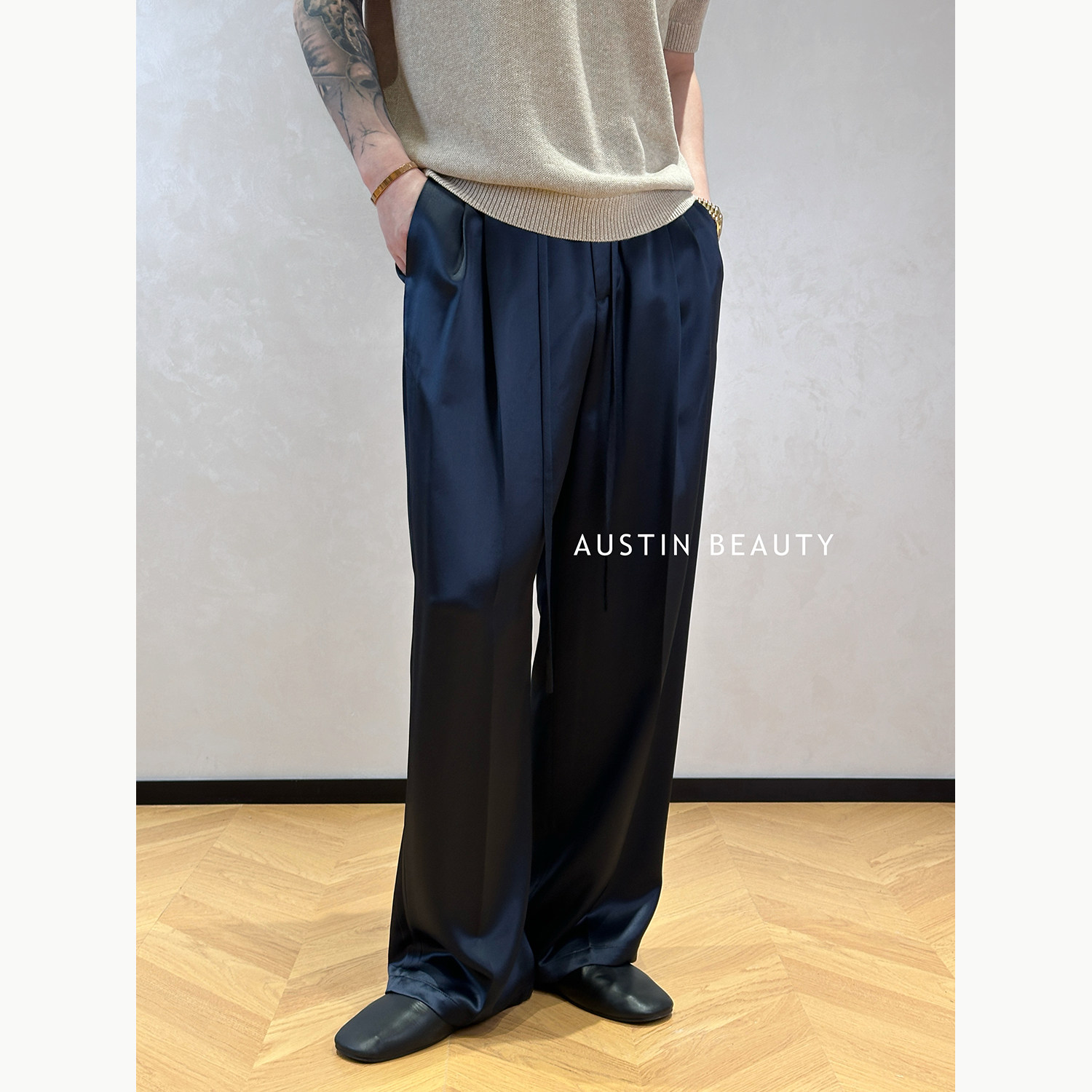 AUSTINBEAUTY【玄影垂序】 纯醋酸男士高定缎面商务直筒休闲裤短