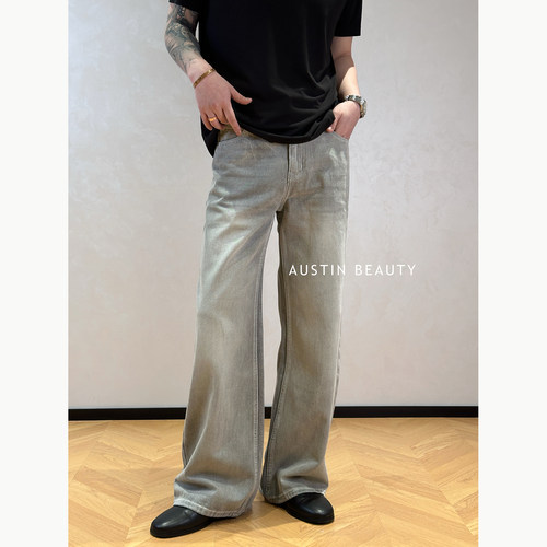 AUSTINBEAUTY 霜洗纹】复古水洗雾灰马骝猫须宽松直筒牛仔裤百搭