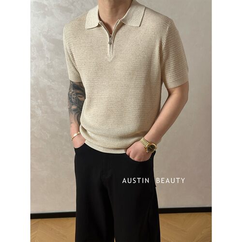 AUSTINBEAUTY【26s新品夏季华夫格精致半拉链polo衫短袖通勤百搭