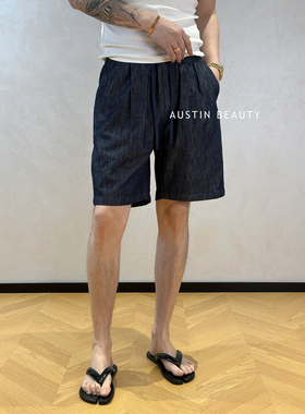 AUSTINBEAUTY【靛蓝麻章】棉麻混纺松紧腰短裤夏季透气直筒五分裤