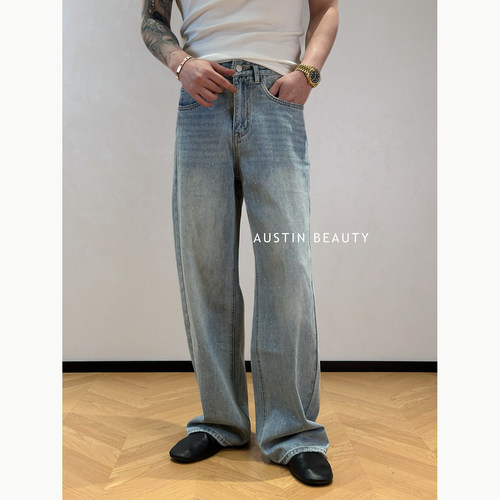 AUSTINBEAUTY 【碎光集】浅蓝水洗碎钻直筒裤宽松垂感毛边牛仔裤