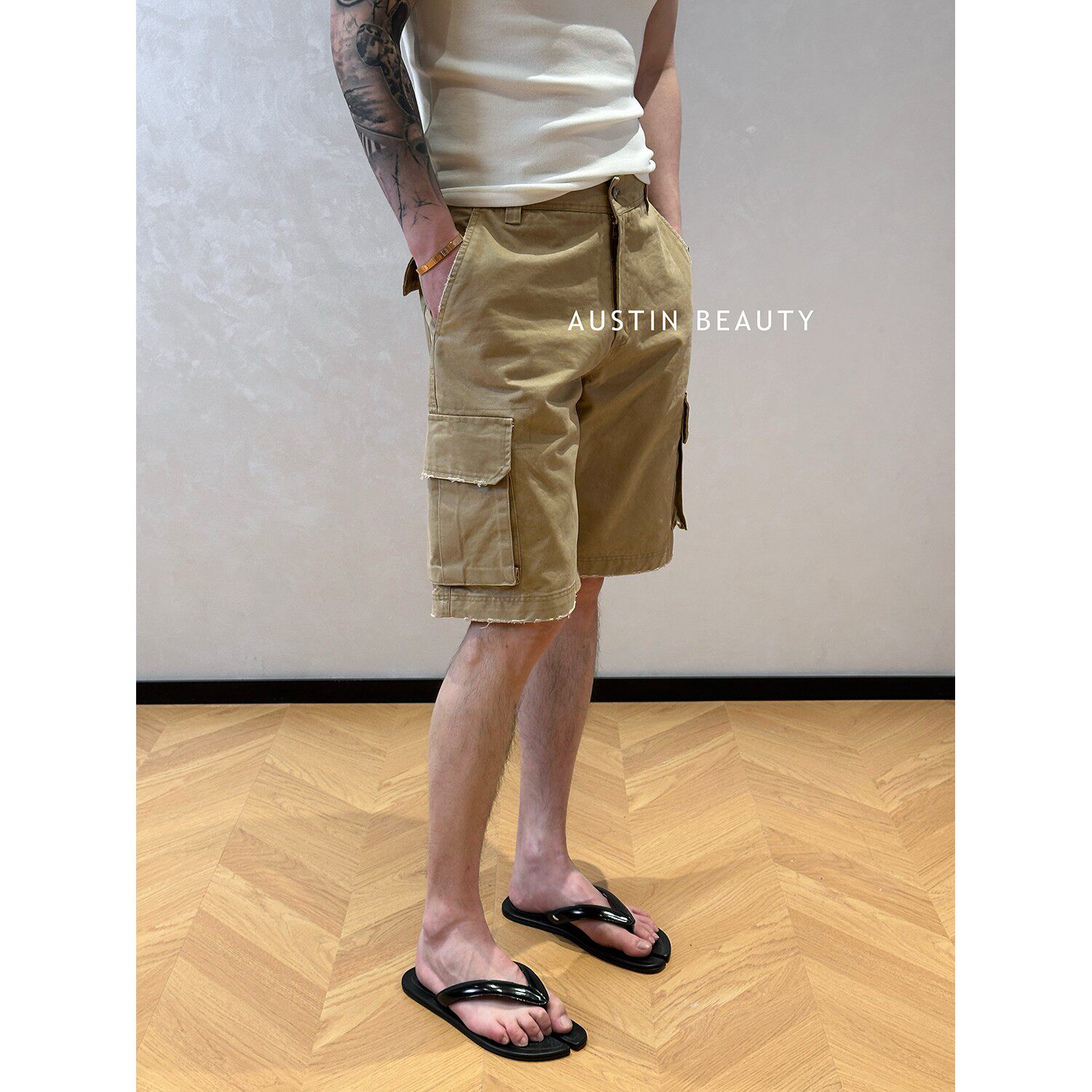 AUSTINBEAUTY【废土余风】男士牛仔短裤卡其色夏季潮流时尚工装裤