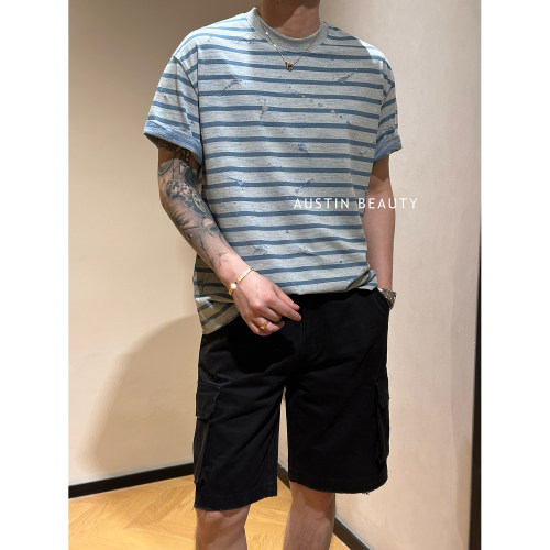 AUSTINBEAUTY【海街余韵】男士水洗做旧纯棉条纹款T恤宽松短袖潮