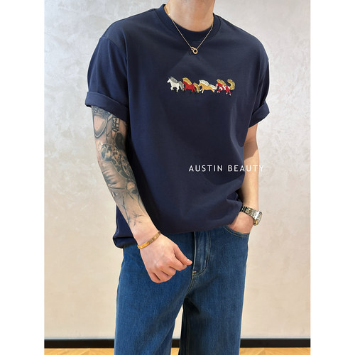 AUSTINBEAUTY男士刺绣小马T恤2026夏季新款休闲宽松百搭正肩短袖
