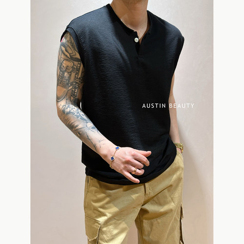 AUSTINBEAUTY【川屿素织】夏季新款透气休闲亨利领无袖背心百搭男