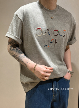 AUSTINBEAUTY【夏日限定】男士纯棉短袖高定刺绣圆领T恤通勤百搭