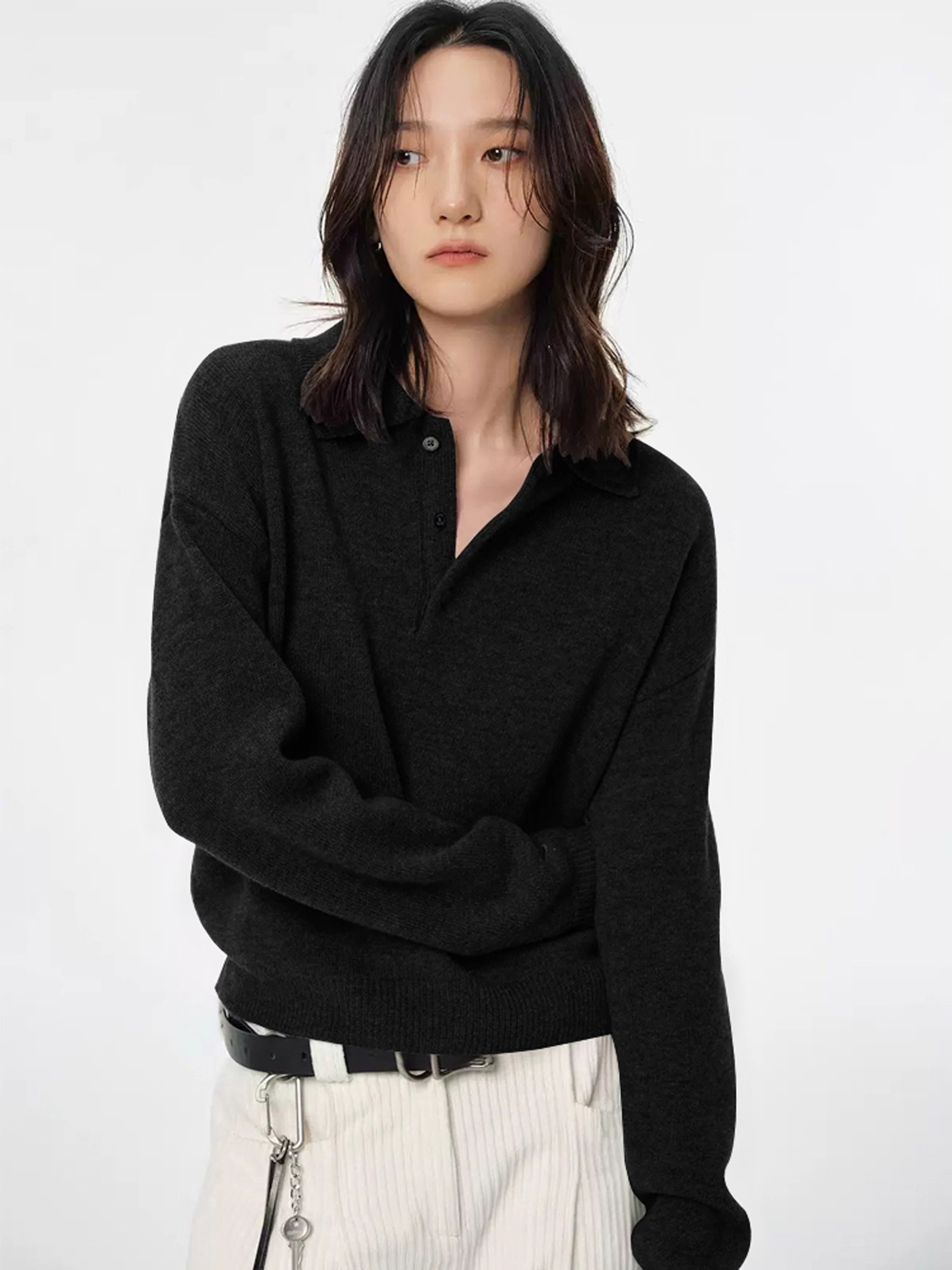 thumbnail for 2025 gray polo collar pullover sweater for women autumn and winter loose and lazy underneath with a cropped bottom lapel knitted top