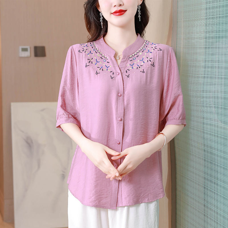 夏季新款文艺复古民族风棉麻刺绣衬衫女士宽松气质V领开衫女上衣