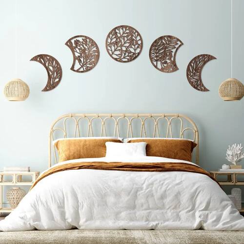 Wooden Moon Phase Wall Art Nordic Style Handmade Hanging Dec