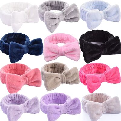 Women Solid Bow Headbands Coral Fleece Makeup Spa Wash Face