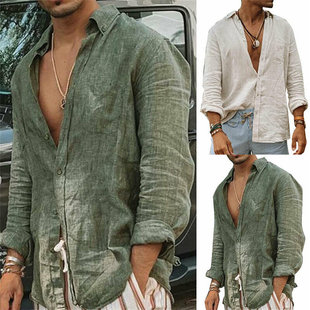 Cotton Linen ShirtsStanding 2023 Male Casual Collar Soli Men