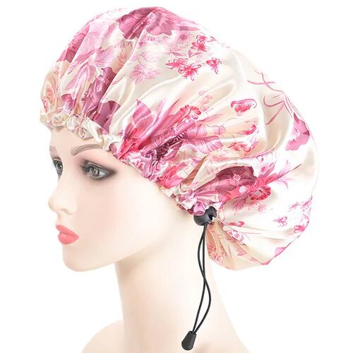 Women Double Layer Waterproof Shower Cap Floral Print Adjust