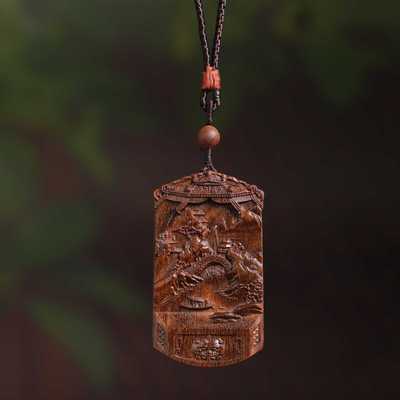 富森红土沉香木雕招财山水无事牌胜境山水画文玩天然挂牌项链吊坠