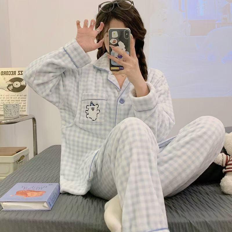 秋冬加绒加厚法兰绒长袖长裤睡衣女线条小狗少女保暖家居服套装潮