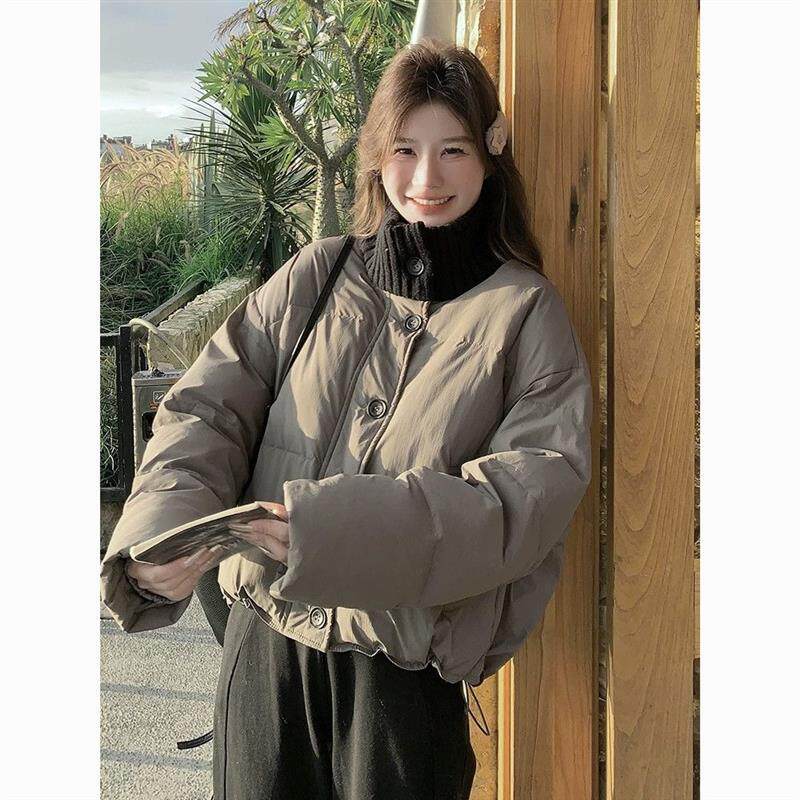 灰色针织领短款羽绒棉服女2025冬上新小个子韩版时尚小众加厚外套