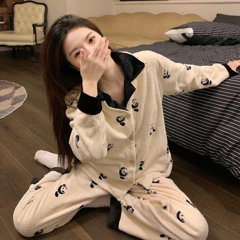 珊瑚绒睡衣女秋冬季新款加绒加厚可爱熊猫保暖法兰绒可外穿家居服
