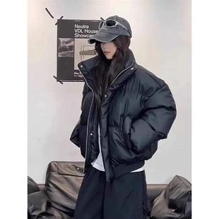 黑色短款PU皮棉服男女款冬季加厚保暖棉衣外套廊形美式立领面包服