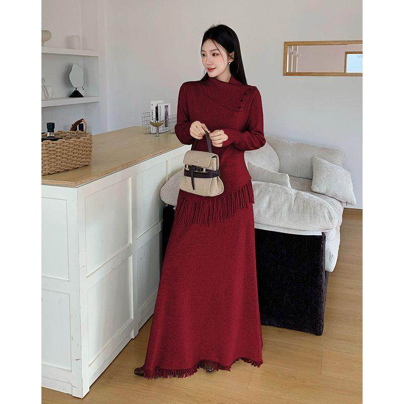 法式新款设计感大翻领不规则流苏针织衫上衣高腰半身中长裙套装女