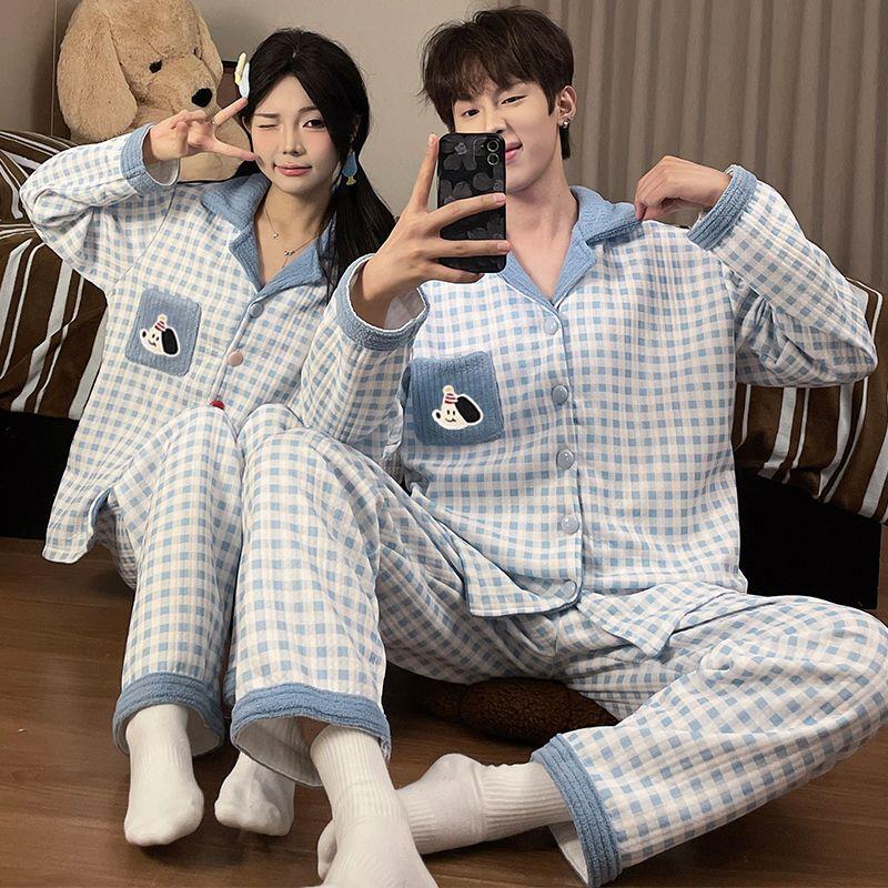 情侣睡衣一男一女卡通小狗冬季空气层夹棉加厚保暖开衫家居服套装