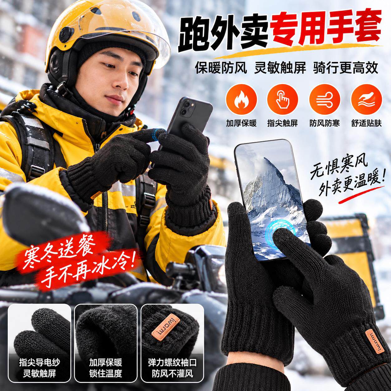 跑外卖专用手套冬季保暖加绒防水骑车防滑钓鱼滑雪电动车骑手装备