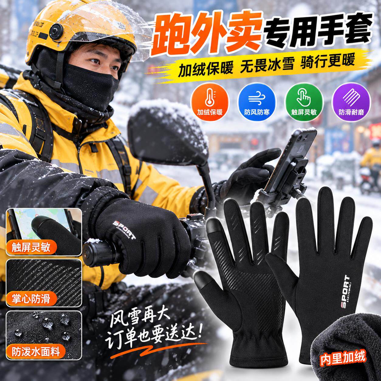 跑外卖专用手套快递员骑手装备冬季保暖加绒玩雪骑行防水防寒滑雪