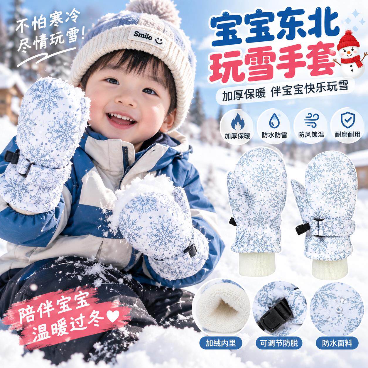 男童女宝宝东北雪地玩雪手套婴儿保暖防水冬季儿童打雪仗专用滑雪