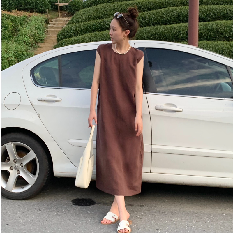 0404夏季25年高品质天丝亚麻无袖连衣裙度假风宽松A字无袖背心长�