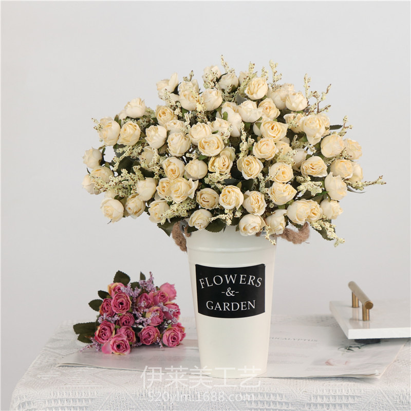 5叉15花绒布小玫瑰 欧式复古仿真绢花家居装饰摆件婚庆装饰塑料花