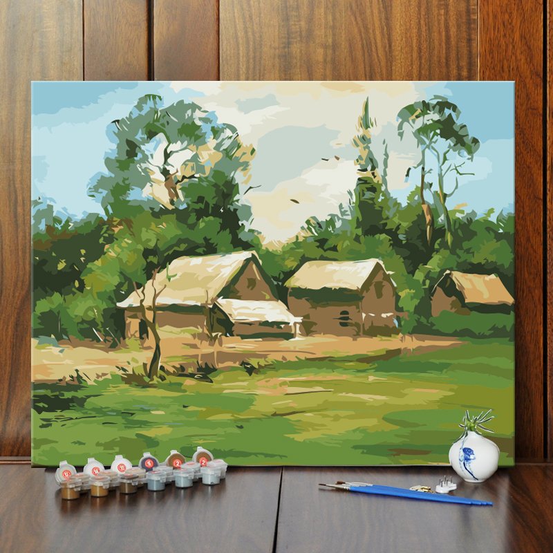 diy/数字油彩画茅草屋风景手绘填色o油画客厅卧室书房