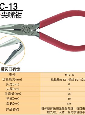 日本MTC多功能电工钳尖嘴钳 6寸尖咀钳8寸尖口小钳子进口五金工具